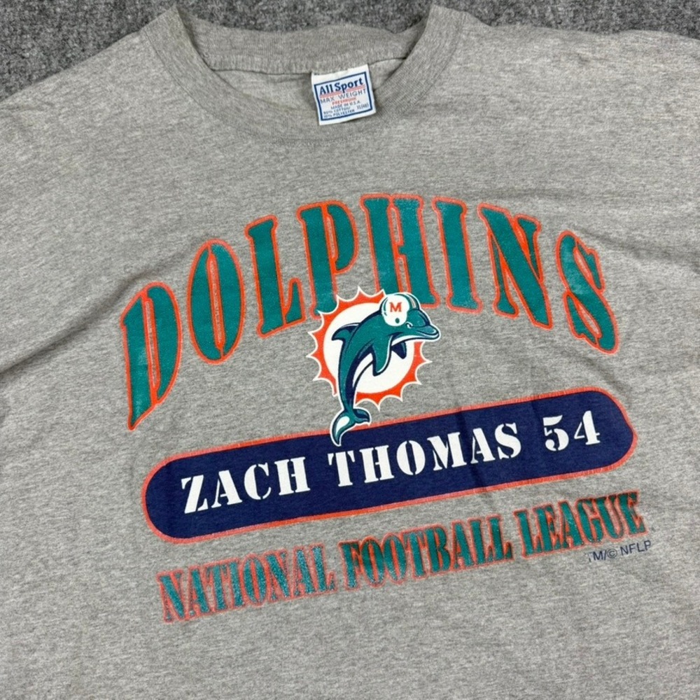 Vintage Miami Dolphins T-Shirt Mens XL Gray Zach Thomas 54 NFL USA Single Stich